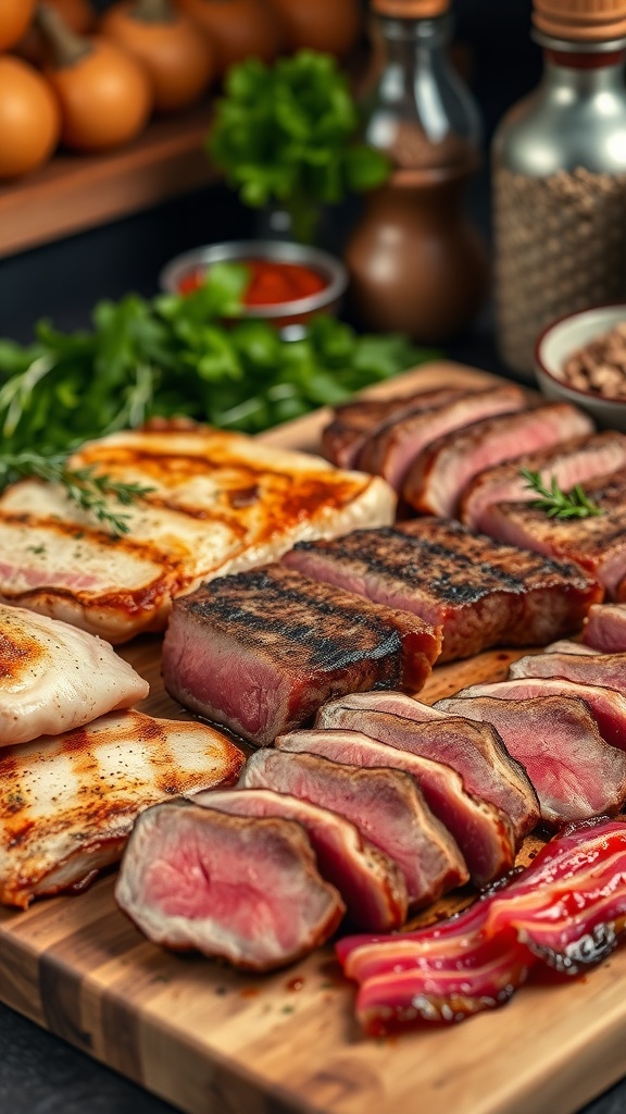 A selection of cooked meats including steak, chicken, and bacon on a cutting board.